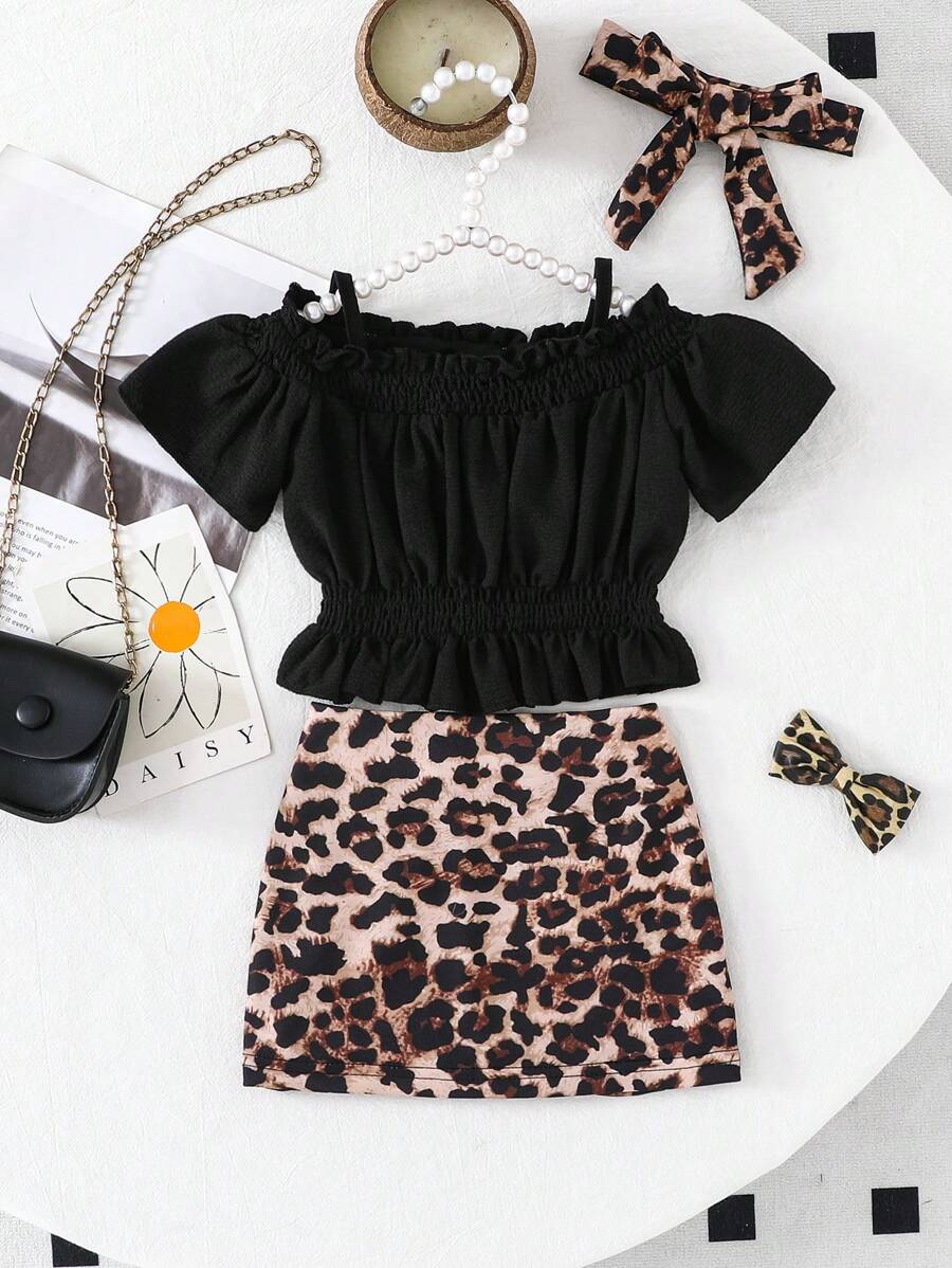 Baby Girl Summer Fashion Solid Open Shoulder Tank Crop Top And Leopard Print Flared Skirt 2 Pieces Set - Black - View 1