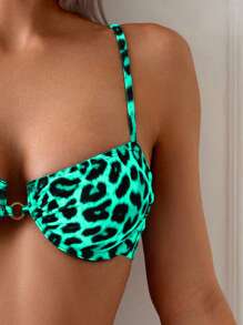 SHEIN Swim Women's Sexy Spaghetti Strap Leopard Print Push-Up Padded Bikini Set, Summer - Green - View 3