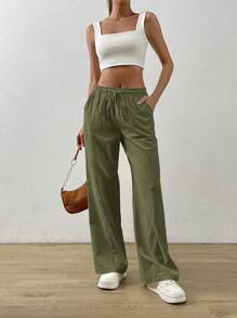 SHEIN EZwear Pantalones holgados de algodón y lino de albaricoque con cintura con cordón y bolsillos en diagonal