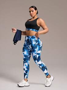 Easithlete Plus Size Solid Color Tank Top & Tie-Dye Print Leggings 2 Pieces Sports Set Workout Women Sets - Navy Blue - View 2