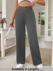 SHEIN PETITE CURVE 大码女式休闲纯色腰部交叉修身直筒裤 - 灰色 - 查看 1