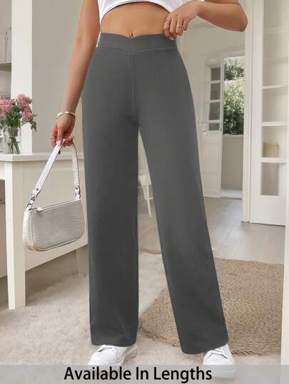 SHEIN PETITE CURVE Plus size kvinnors avslappnad enfärgad midja i kors och tvärs smickrande byxor med raka ben