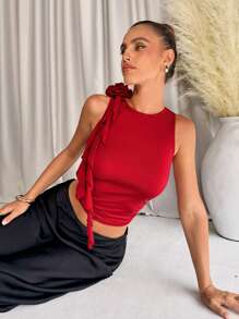 SHEIN Clasi Women 3D Floral Ruffle Trim Red Camisole Top, Spring/Summer  Summer Tops - Red - View 5