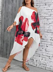 SHEIN VCAY Váy suông hở vai một bên vai cỡ lớn đi nghỉ mát - Đỏ - Xem 6