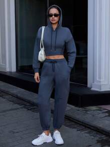 RueChic Drop Shoulder Drawstring Hoodie & Sweatpants - Dark Grey - View 4