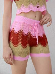 Skyraze Women's Multicolor Knitwear Sweater Pants: Casual Semi-Sheer Shorts With A Knot Detail - Multicolor - View 4