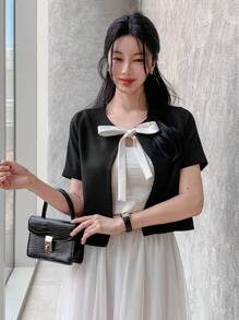 DAZY Chaqueta de mujer con cuello redondo, manga corta, decoración de lazo y bloques de color, linda y casual para el verano