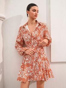 Aveloria Rosie Random Allover Print Belted Shirt Dress Vacation Outfits Woman  Boho Beach Fashionable Style All Over Print - Orange - View 5