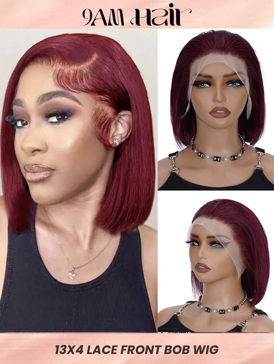 Tóc giả ren phía trước 99J Burgundy 13x4 Bob thẳng bằng tóc thật Tóc giả Bob màu đỏ 99J Tóc giả cho phụ nữ Tóc giả màu đỏ mật độ 180% Tóc thật được nhổ sẵn với tóc trẻ em - S99J - Xem 1