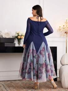 Modelyn Plus Size Women Floral Print Off Shoulder Long Sleeve Elegant Dress - Navy Blue - View 2