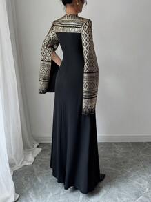 Chiquease Women Elegant Gold Foil Contrast Color A-Line Dress Fall Cloth For Women - Black - View 3