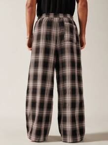 SWAVVY 男士格纹口袋阔腿宽松梭织裤，学校风，秋季