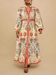 Travachic 大码花卉印花 V 领蓬松长袖衬衫女装连衣裙，圣诞女装 - 杏色 - 查看 6