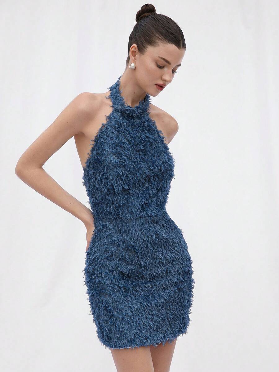 Revavyn Romantic Sexy Girly Party Mini Dress, Stand Collar Sleeveless Fitted Waist Bodycon Furry Fabric Design Elegant Fashionable Style For Summer - Dusty Blue - View 1