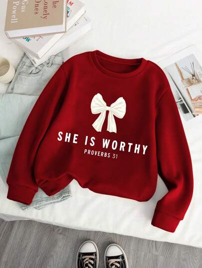 SHEIN Tween Girl 蝴蝶结和字母印花圆领长袖运动衫