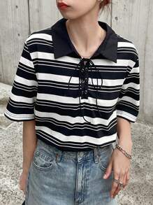 FRIFUL Camiseta holgada de mujer con cuello polo a rayas, manga corta y bloques de color
