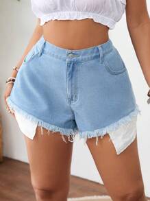SHEIN VCAY Plus Size Blue Denim Casual Fitted Shorts Summer,Vacation Outfits Woman,Easter,Spring,Western,Office Outfits For Women,Rave Outfits,Baby Shower Dress,Cottagecore,Country Outfits Women Floral - Blue - View 5