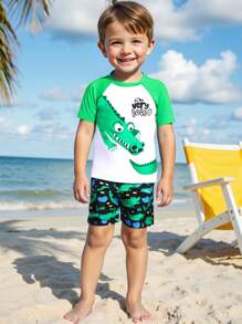Young Boy Printed Two-Piece Swimsuit Set Young Boys Two-Piece Swim Set: Round Neck Short Sleeve Rash Guard With Fun Alligator Print And Matching Swim Shorts - Regular Length Toddler Boys' Tropical Swimsuit Set: Multicolor Alligator Print Short Sleeve Regular Length Perfect For Summer Fun - Multicolor - View 3