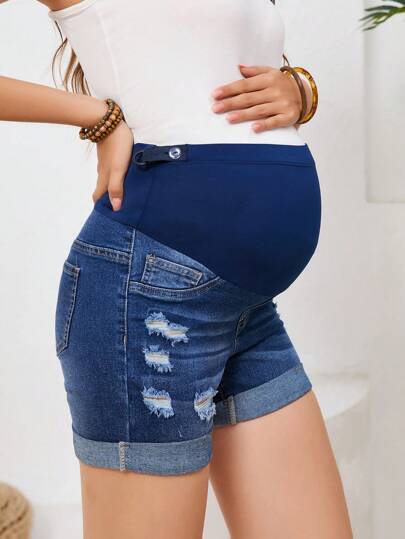 SHEIN Adjustable Waist Distressed Pregnancy Shorts Maternity Autumn For Women Festival Denim Shorts