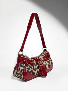 SHEIN BAE Women's Leopard Print Patchwork PU Leather Shoulder Bag, For Commute And Casual Use, Fall Winter Fashionable Cheetah Print Purse For Women, New Fall Winter Tiger Print Bag For Women , Leopard Cheetah Print - Red - View 7