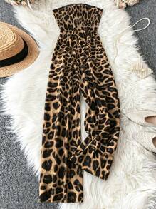 DreamSkyne Mono con estampado de leopardo con pliegues y sin tirantes para mujer de talla grande, de verano - Café integral - Ver 2