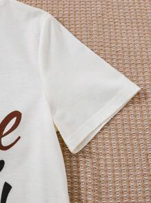 SHEIN Leap Crew Tween Girl 简约字母印花圆领短袖上衣和裤子睡衣套装，宽松阻燃面料毕业睡衣，2 件 - 紅白色 - 查看 9