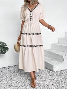 Breezaya Apricot V-Neck Short Sleeve Ruffle Trim Casual Dress For Women - Apricot - View 4