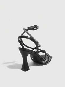 CUCCOO SZL 女士奢华高跟鞋，镶有水钻，系带凉鞋，坡跟厚底，露趾，性感正装鞋，适合派对、婚礼、鸡尾酒会、音乐节 - 黑色 - 查看 10