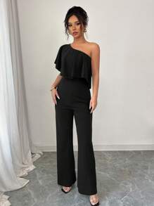 Elenzga Elegant Wrap Shoulder Ruffled Collar Waisted Women's Jumpsuit - Black - View 3