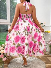 SHEIN Clasi Plus Size Women Floral Print Elegant Halter Neck Dress, Vacation Style - Hot Pink - View 2