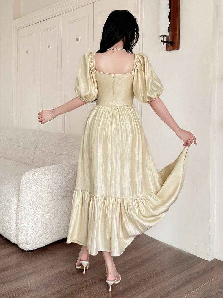 Solid Color Square Neck Lantern Sleeve Women Mid-Length Dress,Casual Women Dresses Maxi Dress