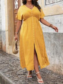 Franclia Vestito da donna taglie forti con stampa a pois, scollo a V profondo, maniche corte, abito lungo