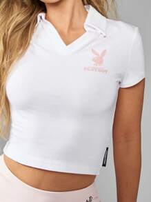 Missguided x Playboy Collection V-Neck Polo Cropped Top Athletic Tennis Golf Active Wear Summer Spring Basic Essential Preppy Club Sport Fitted Short Sleeve