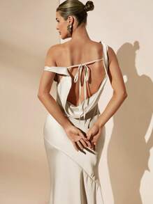 SHEIN BAE Vestido de satén asimétrico con hombro al aire y espalda descubierta, con lazos, estilo minimalista y sexy, apropiado para fiestas, eventos de cóctel, ocasiones formales, vestidos de dama de honor, vestidos de cumpleaños