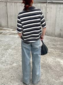 FRIFUL Camiseta holgada de mujer con cuello polo a rayas, manga corta y bloques de color