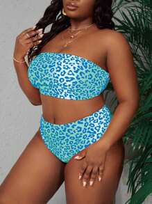 Slaydiva 2025 Plus Size Women Leopard Print Bandeau Bikini Set For Summer Beach Vacation