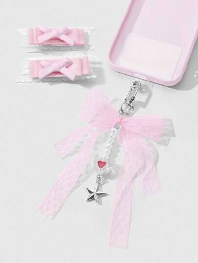 Kawaii 4pcs Cute Handmade Beaded Pearl Netting Bow Heart Star Charms For Phone Case, Keychain, Bag - With 2pcs Pink Lace Bow Hair Clips, Gift Set For Women And Girls