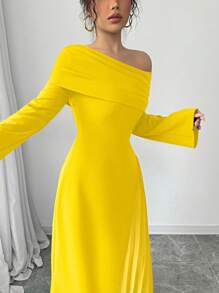 Elenzga 女士优雅时尚通勤迷人派对不对称荷叶边下摆纯色长袖裹身黄色长裙