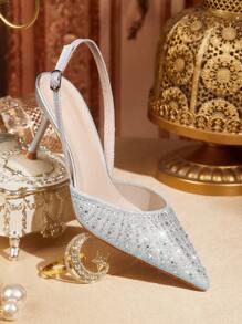 CUCCOO TILAWA Women's Silver Pointed Toe Mid Heel Rhinestone Decorated Closed Toe Sandals, Sexy Evening Party High Heels For Christmas - Silver - View 3