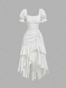 SHEIN MOD 白色泡泡袖蝴蝶结抽绳开衩下摆连衣裙 - 白色 - 查看 5
