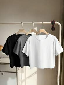 SHEIN EZwear Set de 3 camisetas básicas de manga corta y cuello redondo en tallas grandes de colores variados - Multicolor - Ver 3
