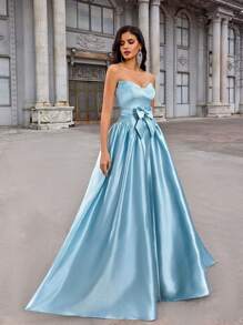 Glamrae Elegant, Romantic Blue Satin Strapless Dress With Bowknot Waist, Vintage Style Formal Gown, Party Dress, Wedding Guest Dress, Evening Dress,Graduation,Teacher Outfits For Women,Teacher Dress - Blue - View 6