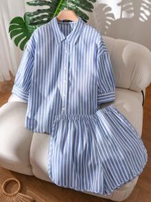 CosyJoli 2pcs Plus Size Summer Outfit, Minimalist & Fashionable - Blue and White - View 2