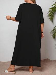 SHEIN CURVE+ Váy cỡ lớn màu tím siêu mềm và co giãn, dễ phối đồ, đa năng, phù hợp cho mùa hè, kỳ nghỉ ở bãi biển và khu nghỉ dưỡng Trang phục đi biển dành cho phụ nữ/Váy đi biển/Trang phục đi nghỉ ở bãi biển/Đồ dùng cần thiết đi biển/Váy tốt nghiệp/Váy tiệc trà - màu đen - Xem 2