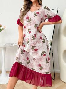 CottageSlumber V-Neck Chiffon Patchwork Ruffle Floral Print Women's Nightgown Babydoll Perfect Summer, Moo Moo - Multicolor - View 4
