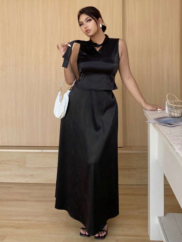 Dazy Plus 2pcs/Set Solid Color Lace-Up Sleeveless Skirt, Elegant For Office Commute, Spring/Summer, Black Lounge Sets For Women