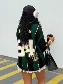 Rovax 女士对比条纹数字印花短袖 T 恤 - 墨綠色 - 查看 2