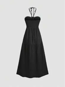 Sweetra 女长款裹身式连衣裙欧美夏季新款露肩系腰性感露背高开叉纹理休闲派对喜庆 - 黑色 - 查看 2