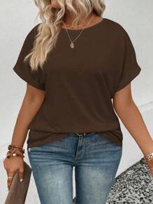 INAWLY 大码女式休闲圆领宽松 T 恤，夏季 - 咖啡棕 - 查看 3