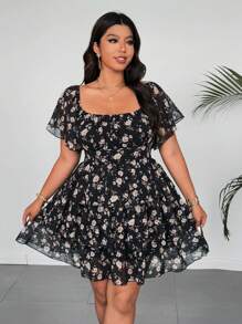 Flirla Vestido de verano de vacaciones con cuello en V con estampado floral, mangas acampanadas con volantes y pliegues - Multicolor - Ver 2